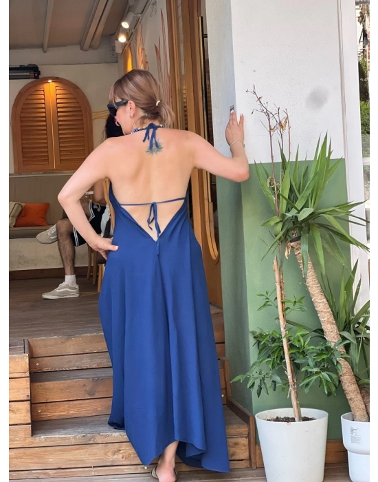 GECE MAVİSİ KETEN ASİMETRİK ELBİSE