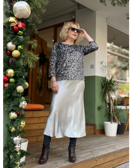 Gri Pul Payetli Bluz