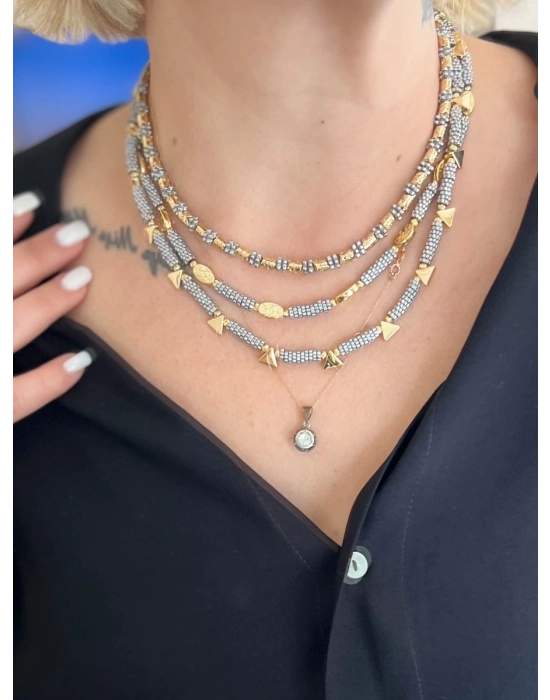 Gümüş Kaplama Hematit & Gold Pirinç Detaylı Üçlü Kolye