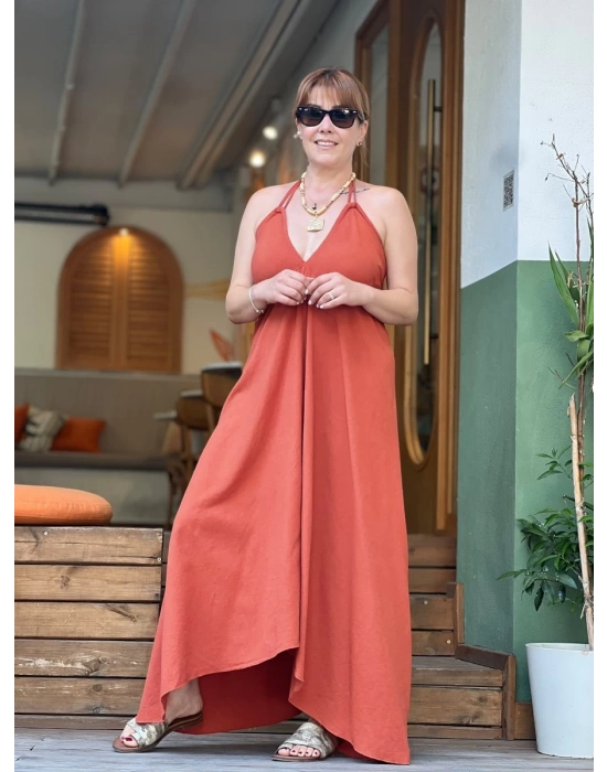 KİREMİT RENGİ KETEN ASİMETRİK ELBİSE