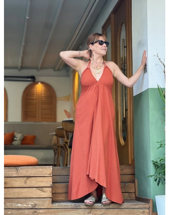 KİREMİT RENGİ KETEN ASİMETRİK ELBİSE