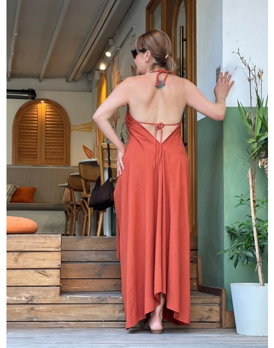 KİREMİT RENGİ KETEN ASİMETRİK ELBİSE