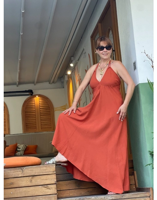 KİREMİT RENGİ KETEN ASİMETRİK ELBİSE