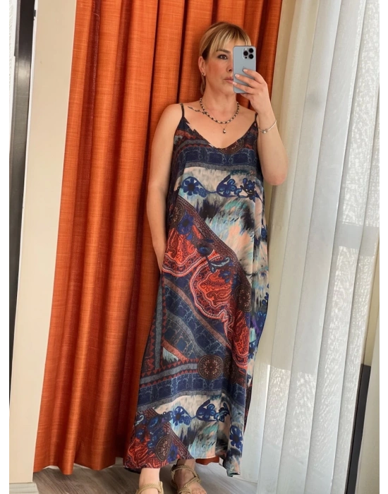 Lacivert Mandala Askılı Elbise – Organik Viskon