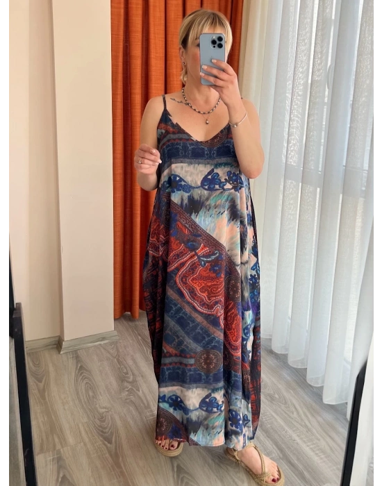 Lacivert Mandala Askılı Elbise – Organik Viskon