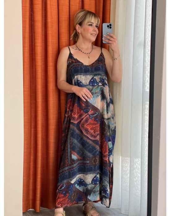 Lacivert Mandala Askılı Elbise – Organik Viskon