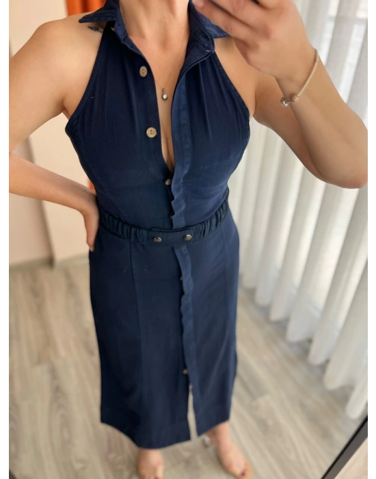 Lacivert Tensel Gömlek Yaka Elbise – Önden Düğmeli