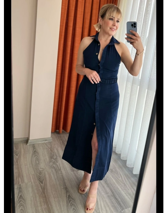 Lacivert Tensel Gömlek Yaka Elbise – Önden Düğmeli