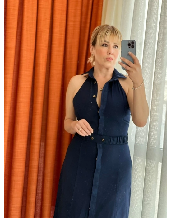 Lacivert Tensel Gömlek Yaka Elbise – Önden Düğmeli