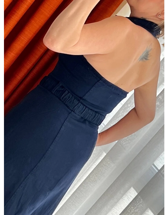 Lacivert Tensel Gömlek Yaka Elbise – Önden Düğmeli