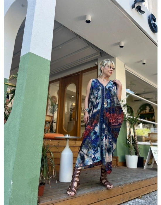 Mandala ve Şal Desenli V Yaka Elbise