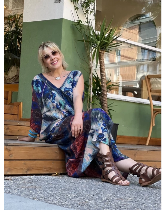 Mandala ve Şal Desenli V Yaka Elbise