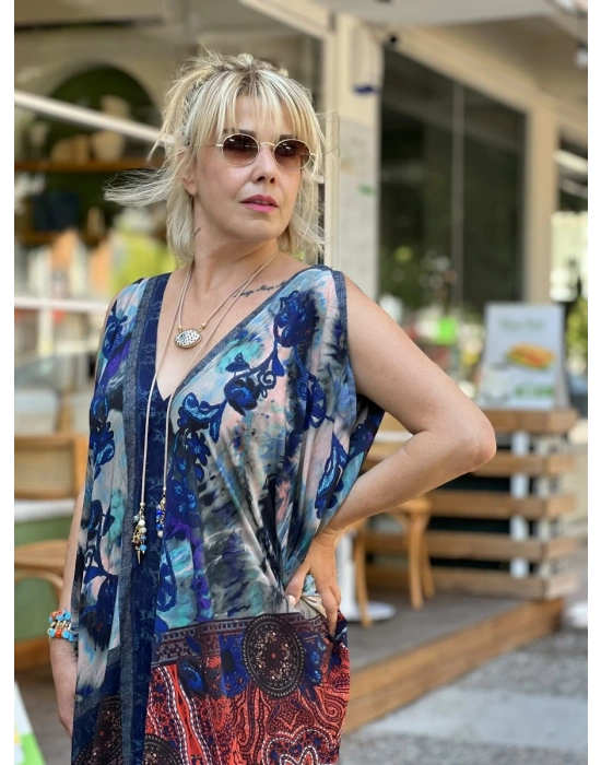 Mandala ve Şal Desenli V Yaka Elbise