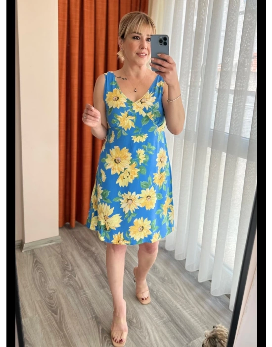 Mavi Çiçekli Dizüstü Elbise