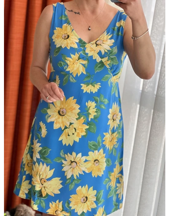 Mavi Çiçekli Dizüstü Elbise