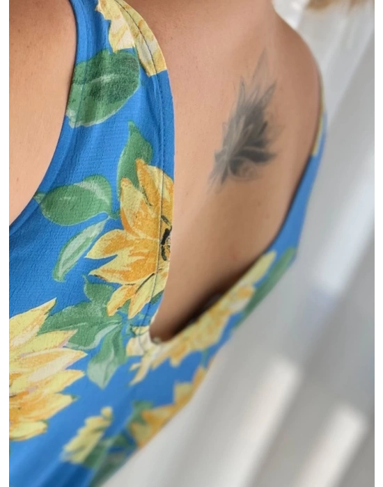 Mavi Çiçekli Dizüstü Elbise