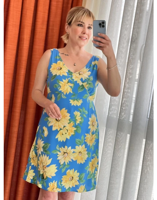 Mavi Çiçekli Dizüstü Elbise