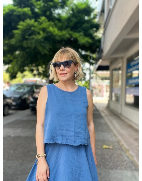 Mavi Müslin Çift Taraflı Bluz