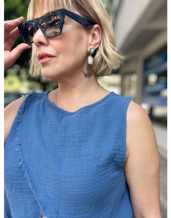 Mavi Müslin Çift Taraflı Bluz