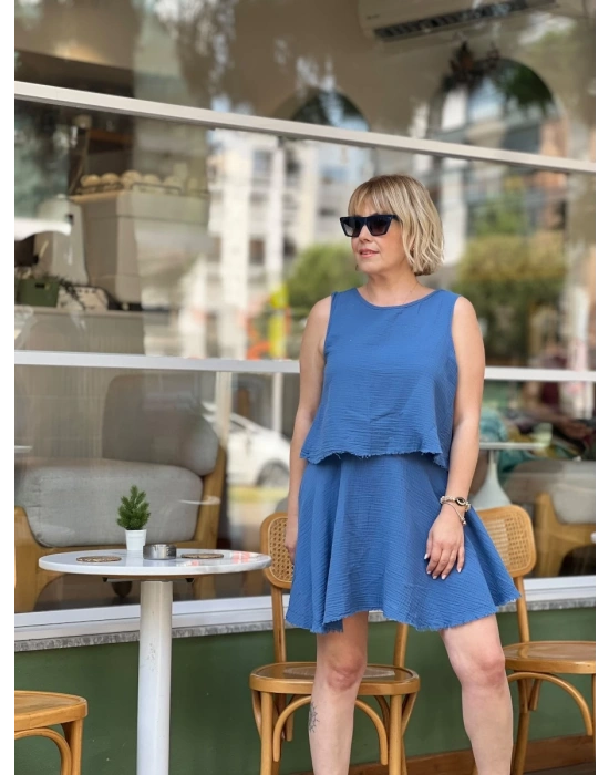 Mavi Müslin Çift Taraflı Bluz