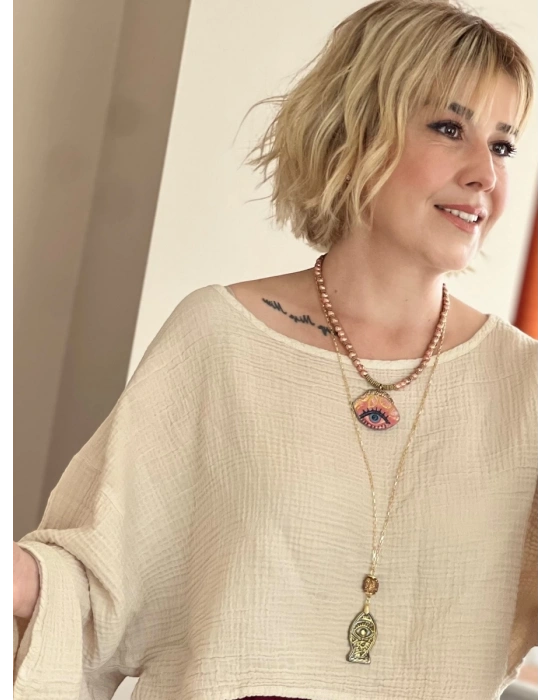 Metalik Pembe Göz Kolye