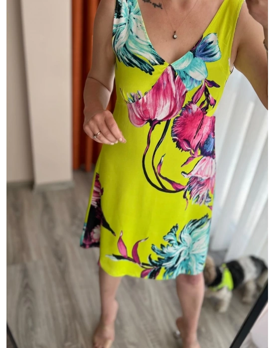 Sarı Çiçekli Pamuk Saten Elbise