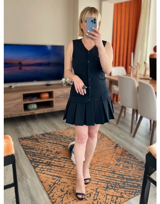 Siyah Önden Düğmeli, Dokuma Kumaş Astarlı Elbise