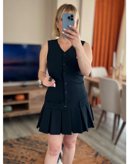 Siyah Önden Düğmeli, Dokuma Kumaş Astarlı Elbise