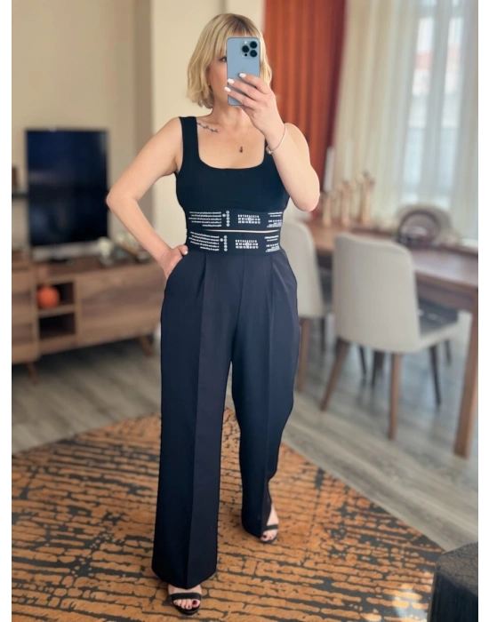 Siyah Pamuklu Likralı Bel Yazılı Crop Top