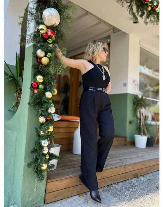 Siyah Yazılı Bel Lastikli Palazzo Pantolon