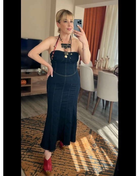 Straplez Denim Elbise