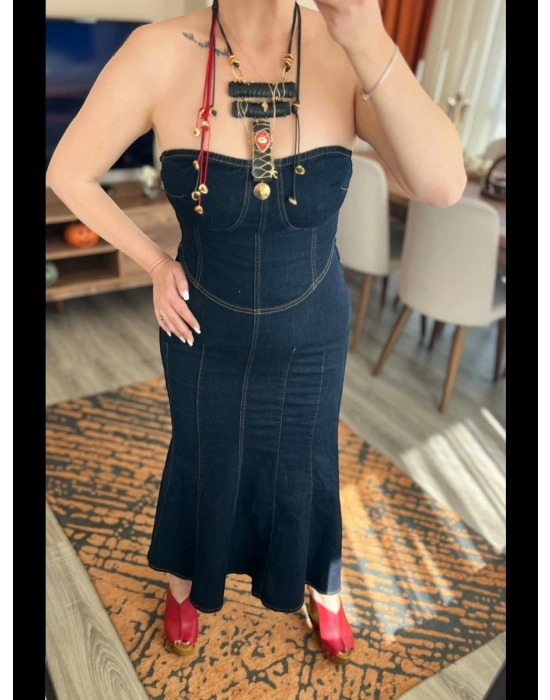 Straplez Denim Elbise