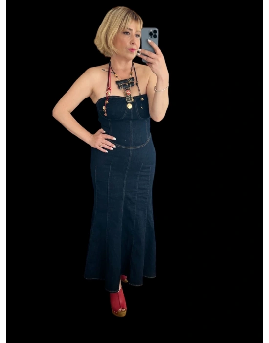 Straplez Denim Elbise