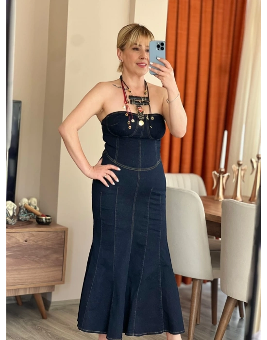Straplez Denim Elbise