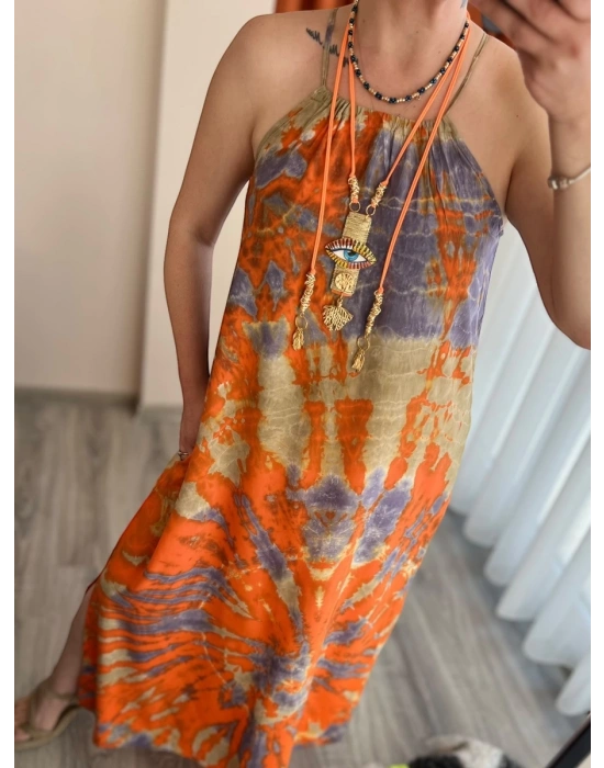 Turuncu Batik Halter Elbise – Organik Pamuk