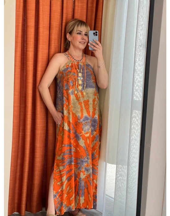 Turuncu Batik Halter Elbise – Organik Pamuk