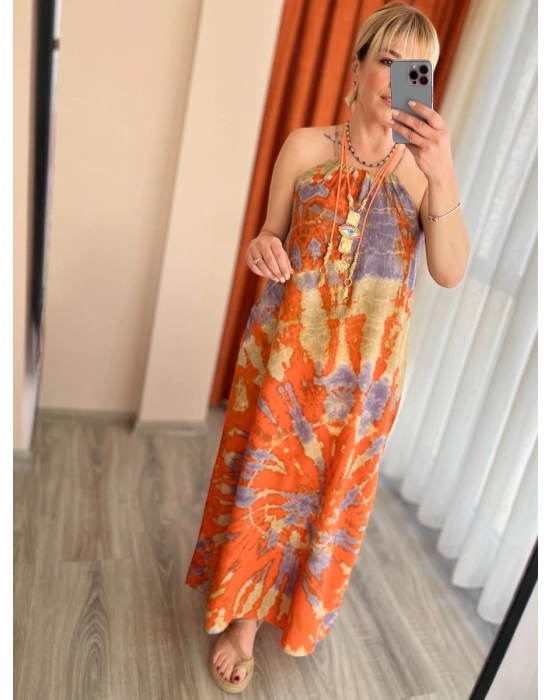 Turuncu Batik Halter Elbise – Organik Pamuk