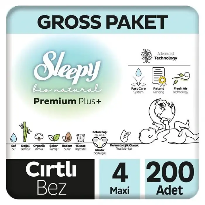 Sleepy Bio Natural Premium Plus Gross Paket Bebek Bezi 4 Numara Maxi 200 Adet