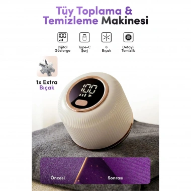 Şarjlı Tüy Toplama Makinesi, 6 Bıçaklı, Dijital Ekranlı, Güçlü Tiftik Toplayıcı (YUVARLAK GÖVDE)