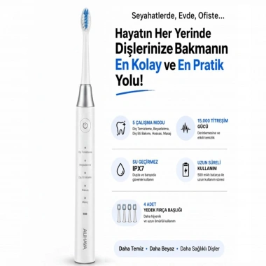 Şarjlı Diş Fırçası, Elektrikli Diş Fırçası, 5 Modlu Otomatik Diş Fırçası, Güçlü Temizlik, IPX7 Su Geçirmez, 4 Yedek Başlık (BEYAZ)