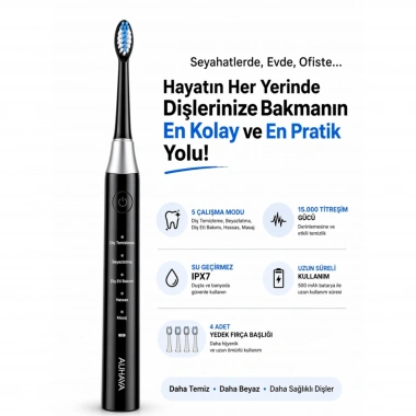 Şarjlı Diş Fırçası, Elektrikli Diş Fırçası, 5 Modlu Otomatik Diş Fırçası, Güçlü Temizlik, IPX7 Su Geçirmez, 4 Yedek Başlık (SİYAH)