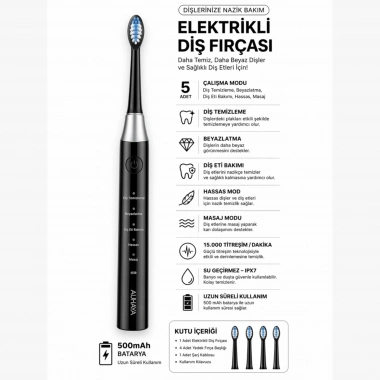 Şarjlı Diş Fırçası, Elektrikli Diş Fırçası, 5 Modlu Otomatik Diş Fırçası, Güçlü Temizlik, IPX7 Su Geçirmez, 4 Yedek Başlık (SİYAH)