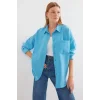 20153 Tek Cepli Oversize Keten Gömlek - Açık Mavi