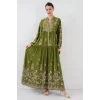 2423 Otantik Desenli Tesettür Elbise - D.Haki