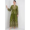 2423 Otantik Desenli Tesettür Elbise - D.Haki