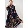 2423 Otantik Desenli Tesettür Elbise - Düz Lacivert