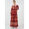 2423 Otantik Desenli Tesettür Elbise - E. Bordo