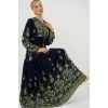 2423 Otantik Desenli Tesettür Elbise - Lacivert 13