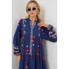 2423 Otantik Desenli Tesettür Elbise - Petrol 1