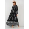 2423 Otantik Desenli Tesettür Elbise - Siyah 11
